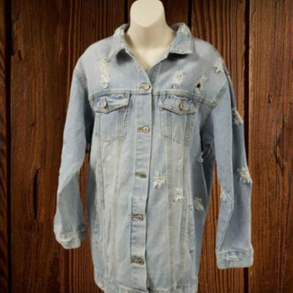 JudyBridal Oversize Denim Jacket for Women Ripped Jean Jacket Boyfriend Long - Picture 2 of 4